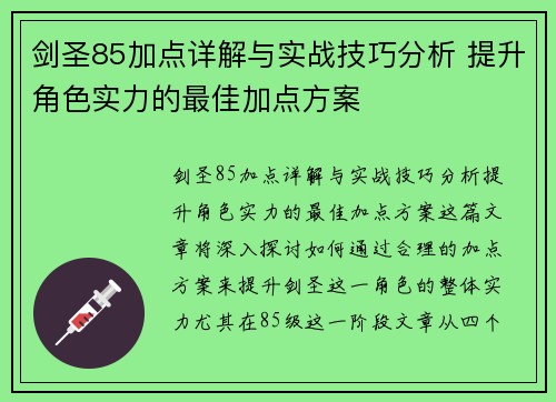 剑圣85加点详解与实战技巧分析 提升角色实力的最佳加点方案